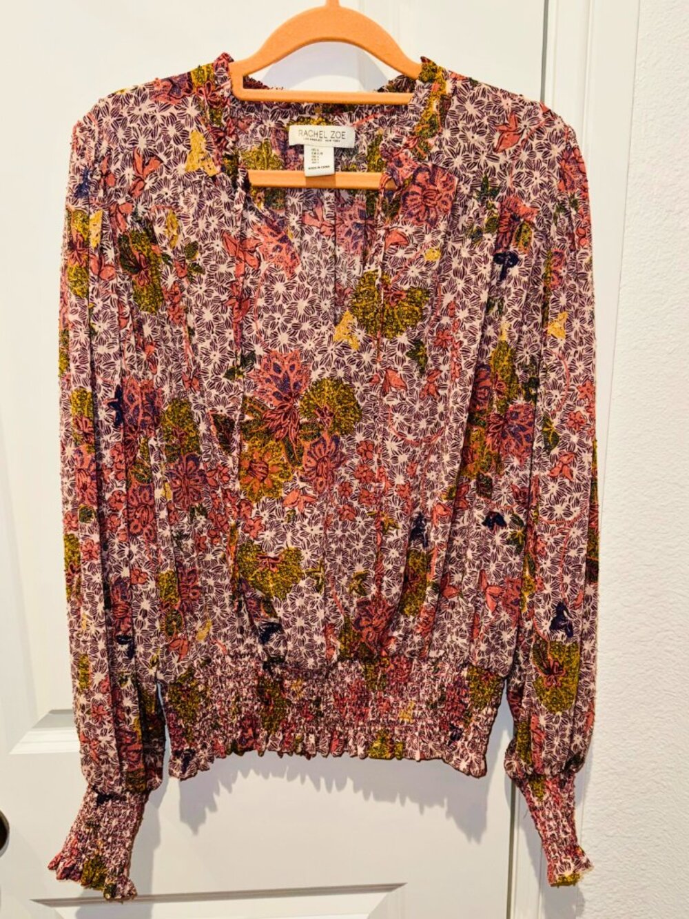 (2 for $10) Rachel Zoe Floral Print Smocked V-Neck Blouse Size L